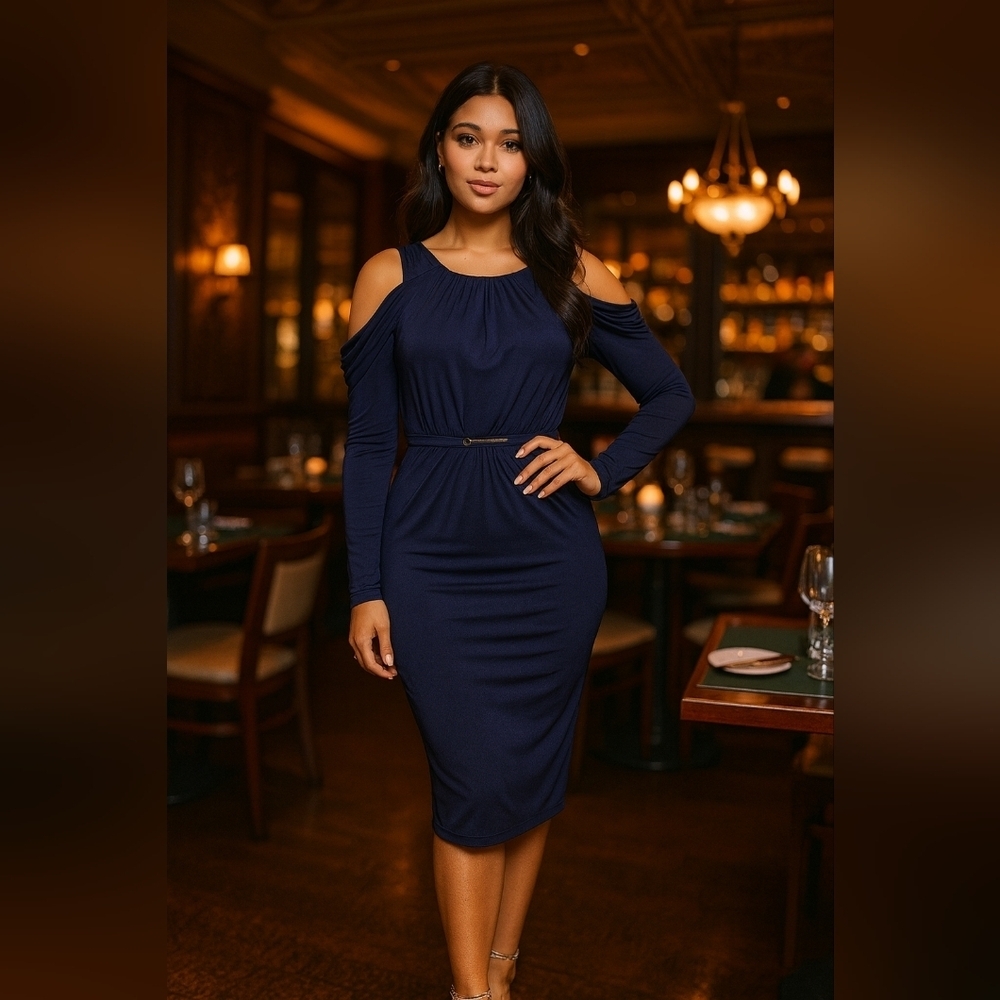 ASOS Drape Metal Bar Midi Slinky Cold Shoulder Dress